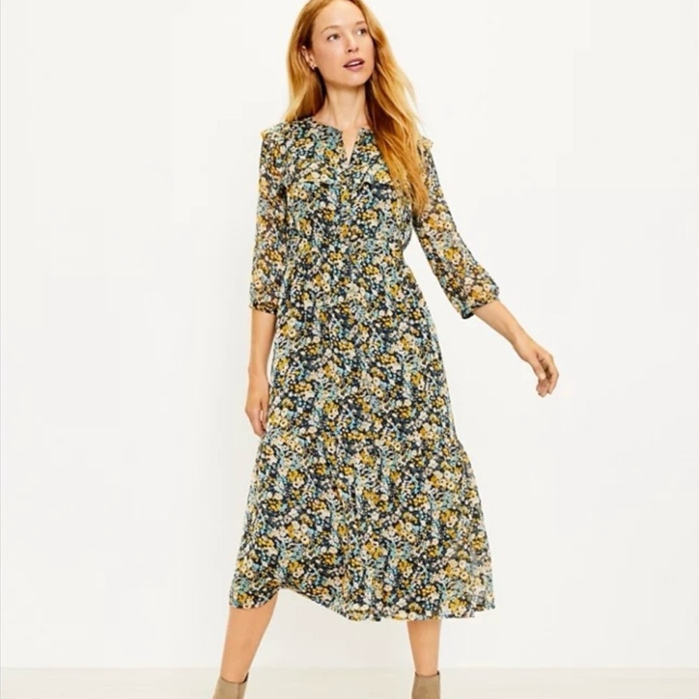 Loft Floral Ruffle Midi Shirtdress XL